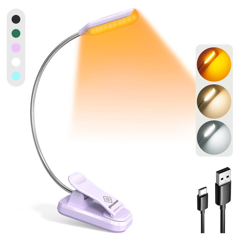 Glocusent Willow Book Light for Reading in Bed, 10LED Bright Reading Light, 3 Colors & 3 Brightness, Rechargeable Book Light Lasts for 80Hr, Lightweight Clip on Book Light, Perfect for Book Lovers