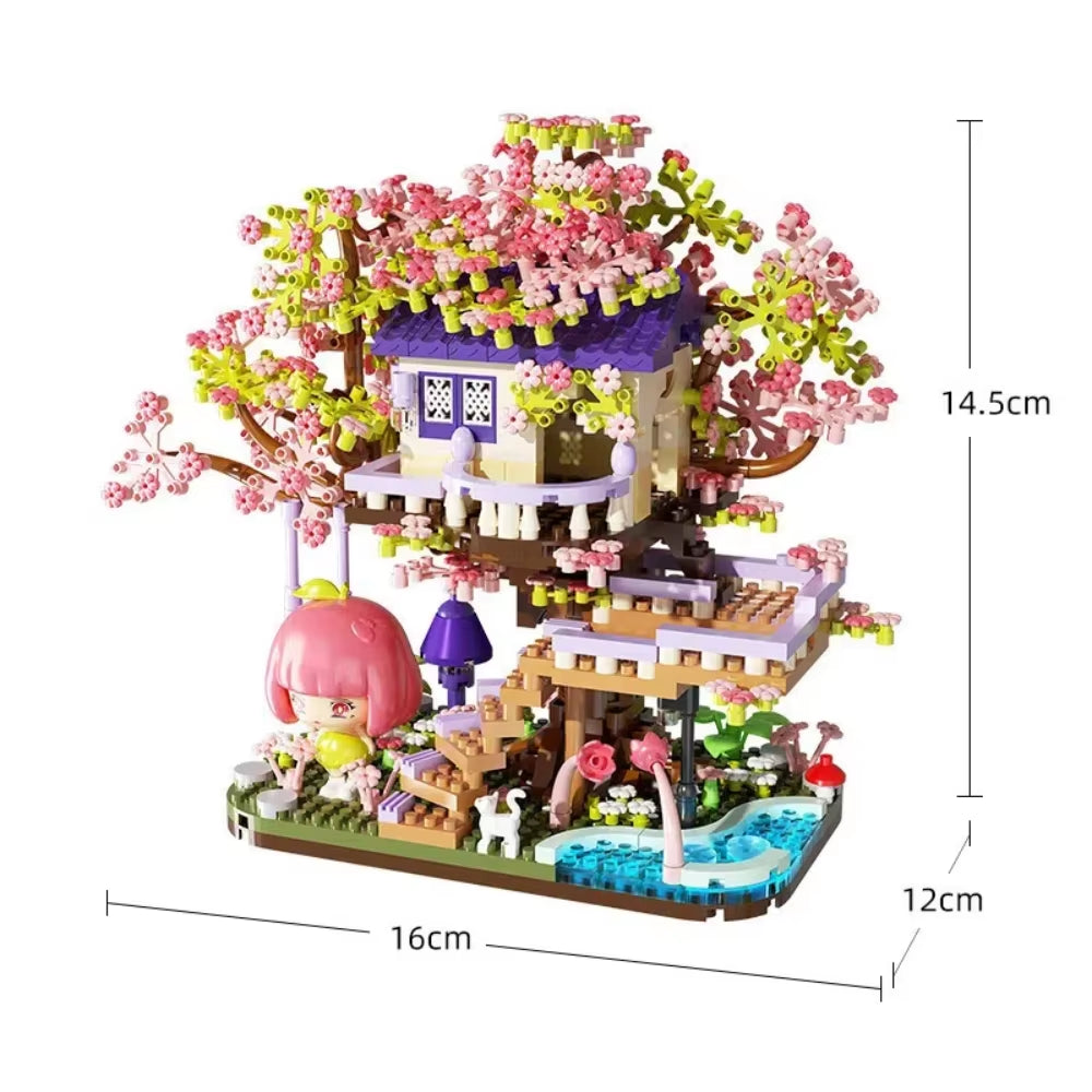 Mini Sakura Tree House 2138Pcs Build Block City Street View Cherry Blossom Model Building Blocks Toys Children Gifts