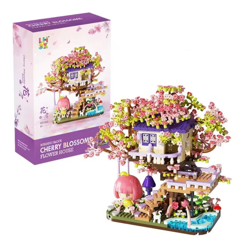 Mini Sakura Tree House 2138Pcs Build Block City Street View Cherry Blossom Model Building Blocks Toys Children Gifts